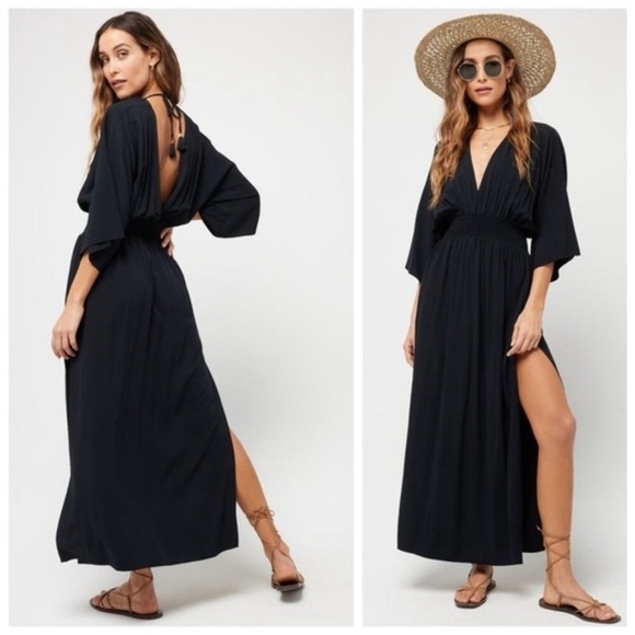 L*Space Sungazer Black V-Neck Dolman Sleeve Swim Coverup Maxi Dress - Picture 1 of 7